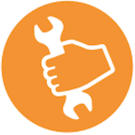 orange circle icon with white hand holding a wrench