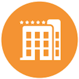 orange circle icon with white hotel